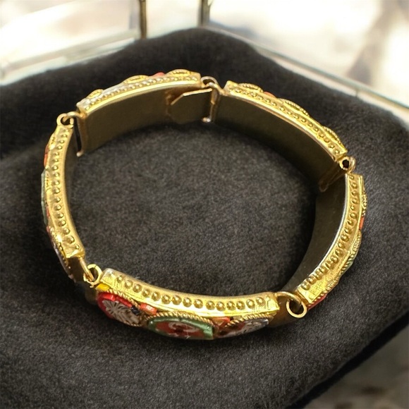 Vintage Millefiori Bracelet  Multicolor Micro Mosaic Floral Panels Goldtone 8" - Picture 4 of 8